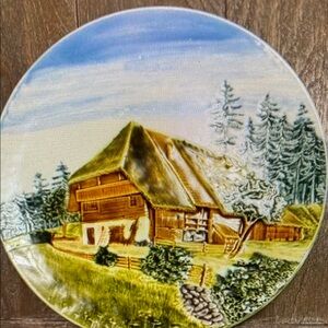 Vintage German Decorative Plate Alpine Village Scene Embossed Ceramic 10 Inch